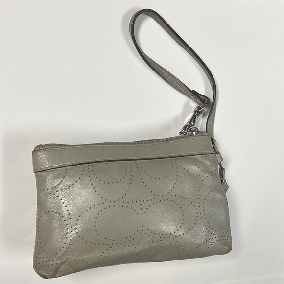 Coach Perforated Logo Gray Leather Wristlet Clutch - Picture 3 of 8